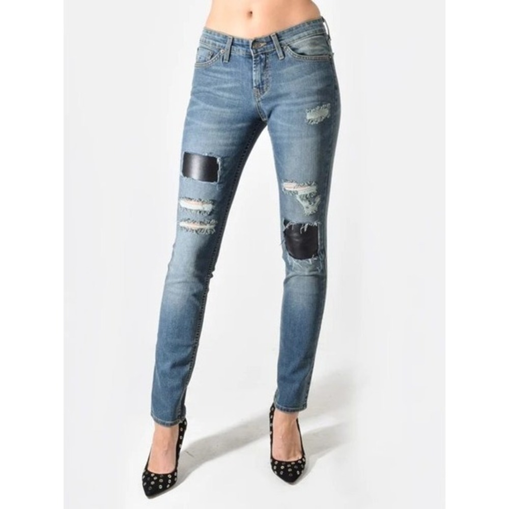 JET by John Eshaya Leather Patch Distressed Slim Crop Jeans 8 NWT